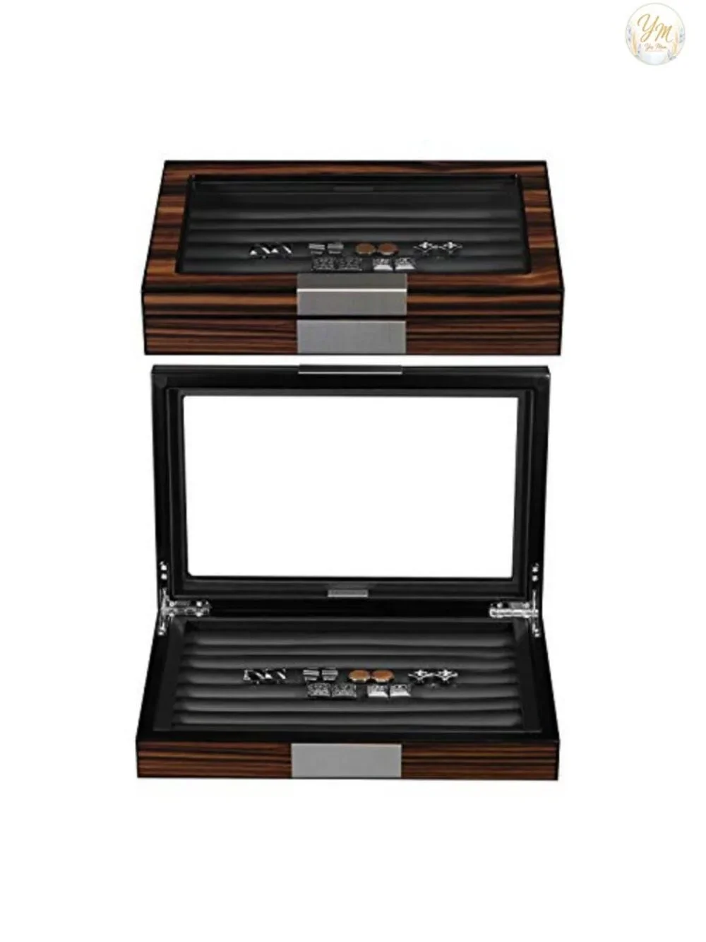 Men's Wooden Cufflink Box Organizer with Real Glass Window, Velvet Lined, 36-46